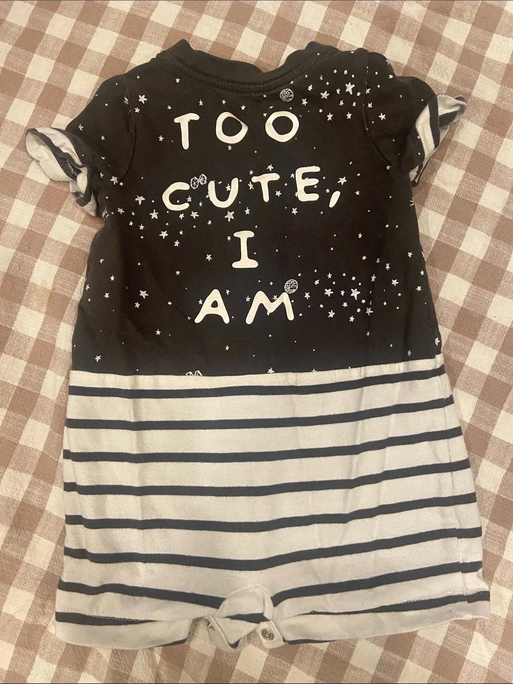GAP Black and White Star Stripe Baby Romper with Green Character Appliqué